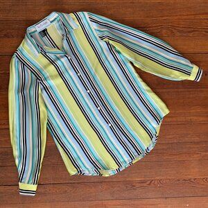 VINTAGE Neon Green Striped Button Up Blouse by Via Condotti 100% Silk Womens Siz